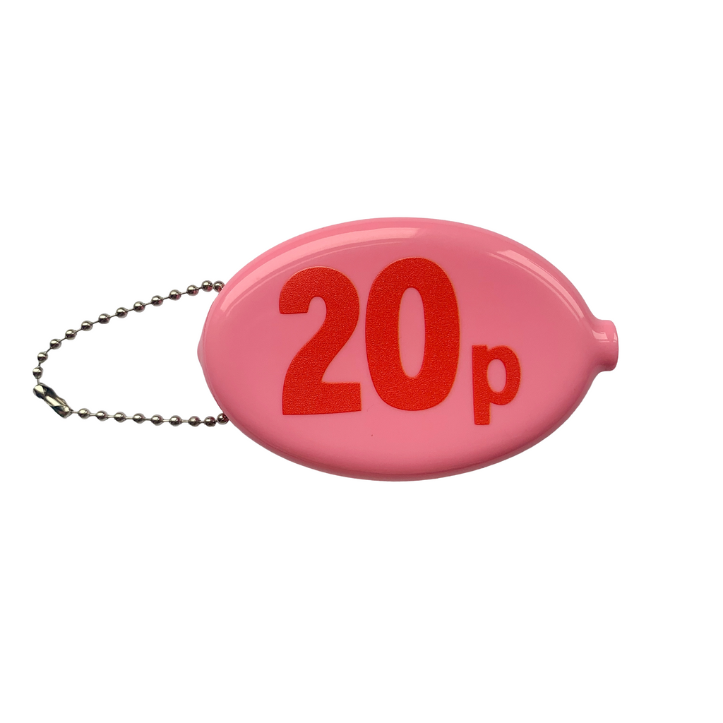Pink keychain coin pouch with '20p' text on a white background