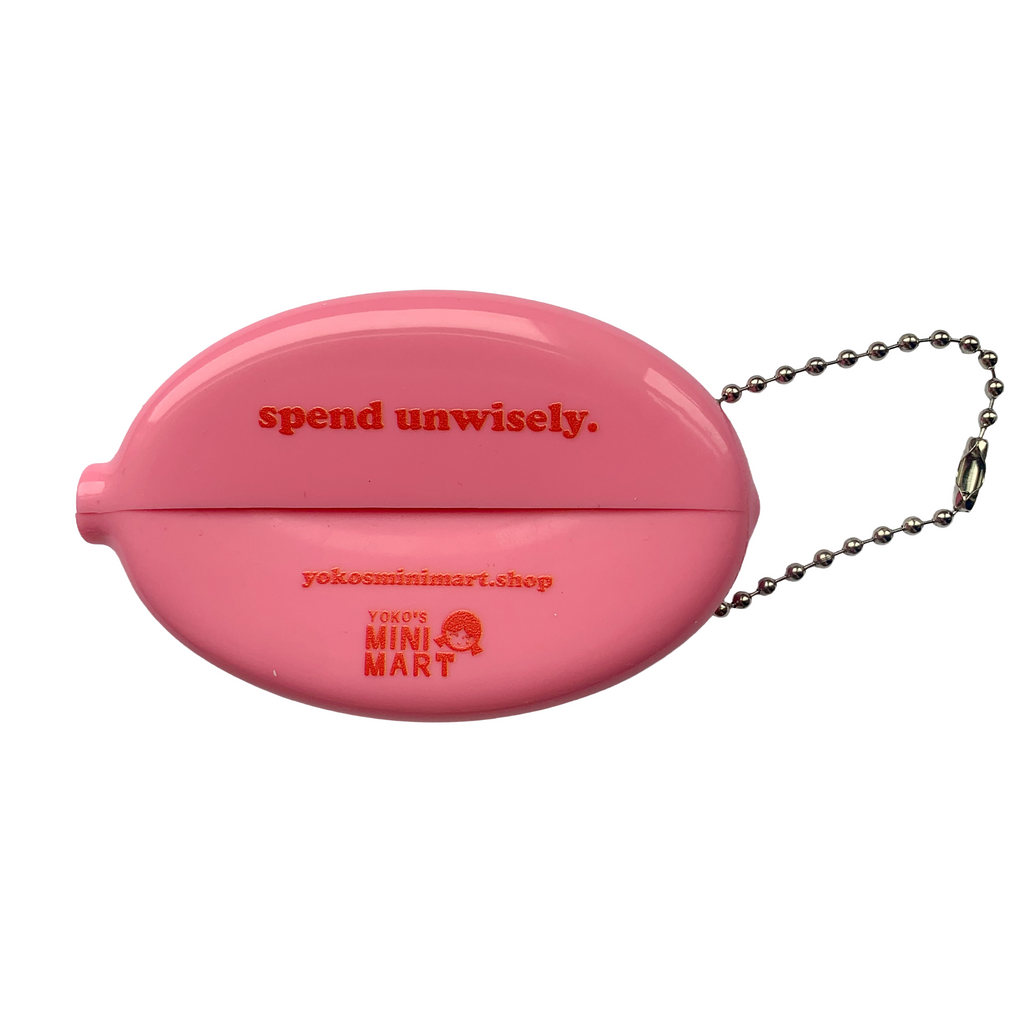 Pink keychain with 'spend unwisely' text on a white background